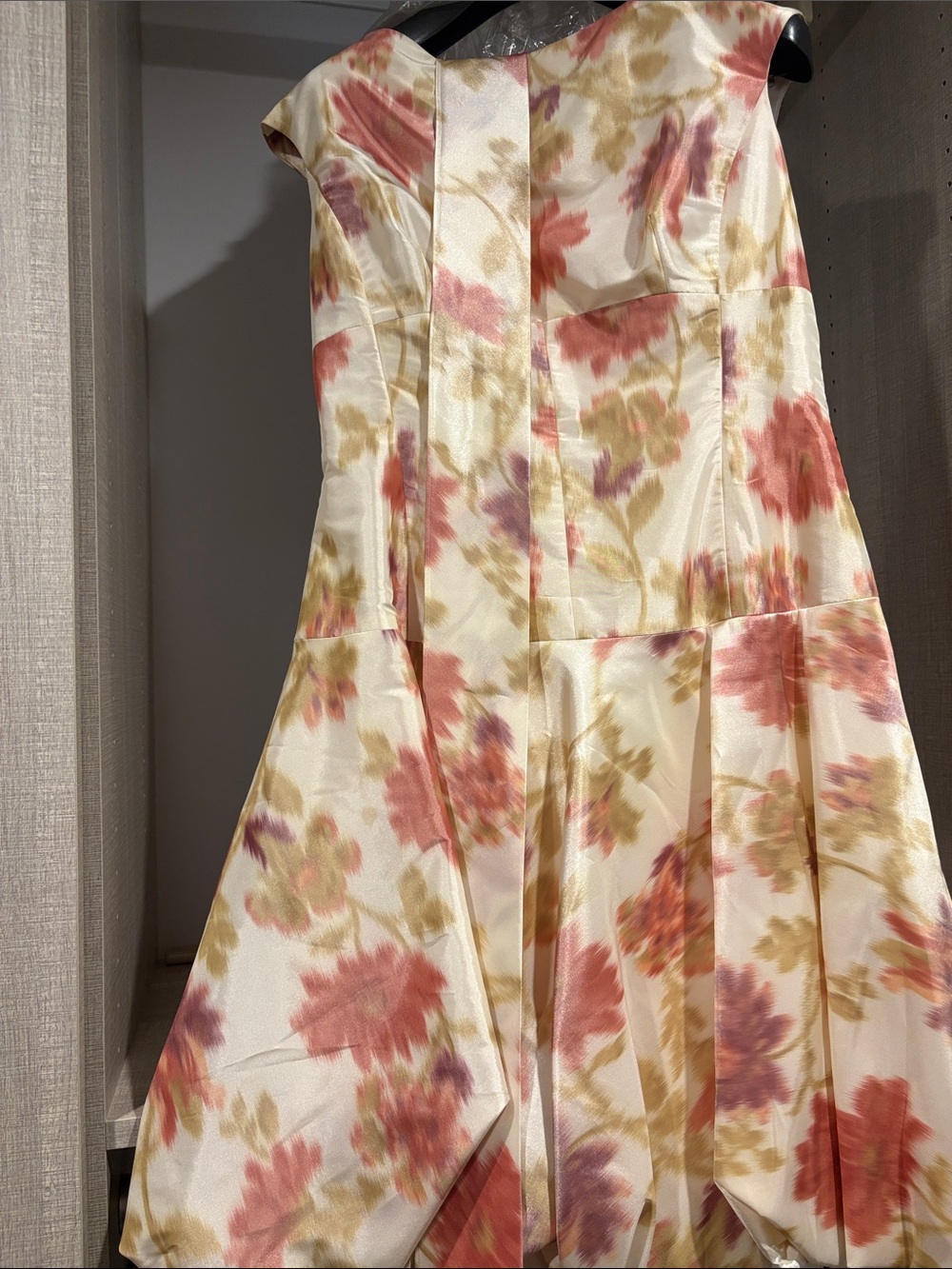 Teri Jon Ivory Fit-and-Flare Dress with Pink and Gold Floral Print